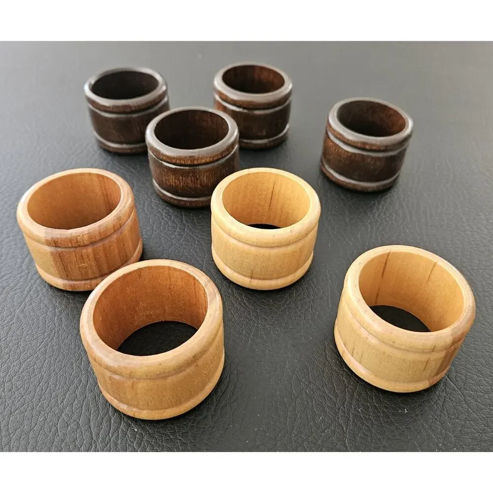 Vintage Wooden Napkin Rings Light/Dark Wood MCM Farmhouse Rustic Set Of 8